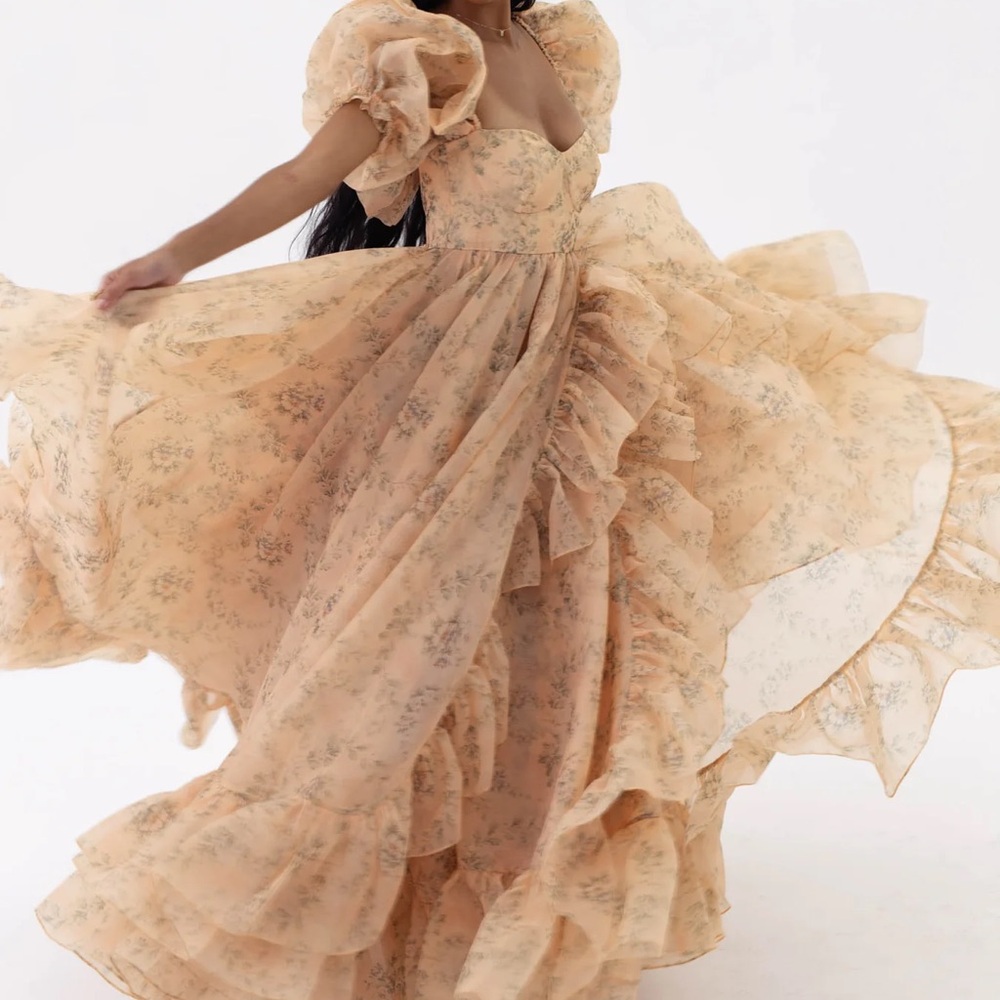 Selkie Villa in Bloom Gown Peach Floral Puff-Sleeve Maxi Dress - Sold Out RARE